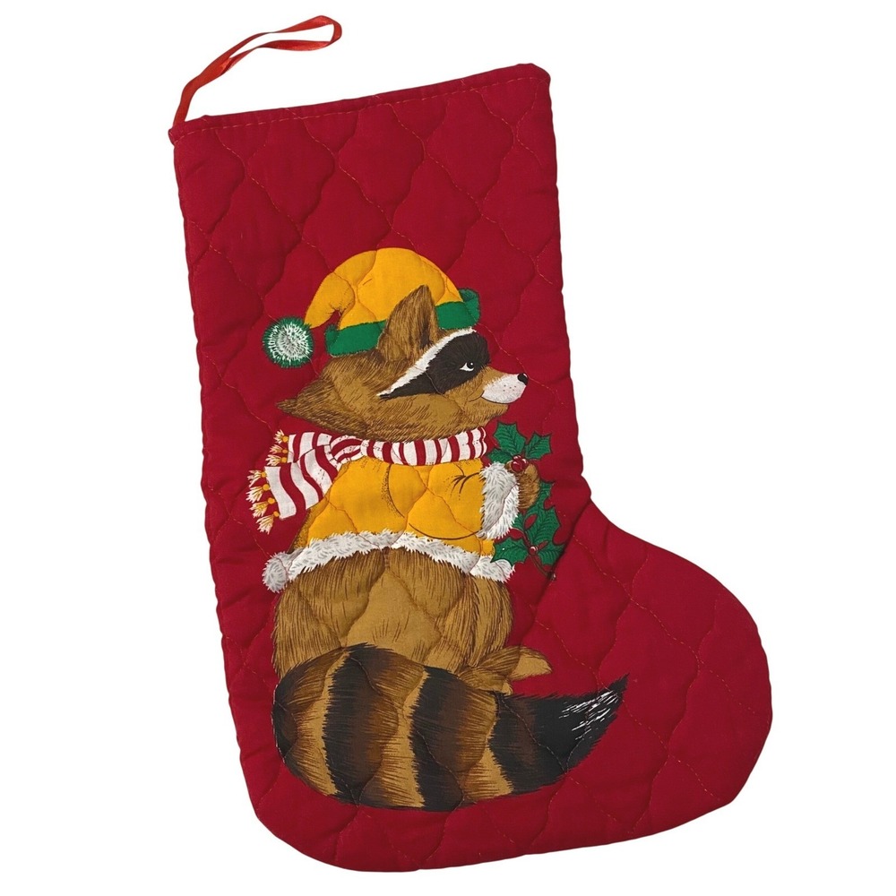 Handmade Vintage Raccoon‎ Quilted Christmas Stocking 15" Holiday Kitschy Holly